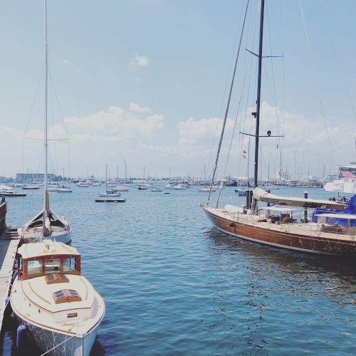 A calm harbor scene with several sailboats docked and others in the distance under a clear blue sky.