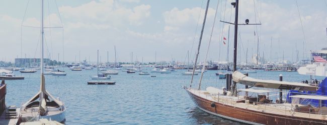 The image shows a peaceful marina with several sailboats docked on a calm, sunny day.