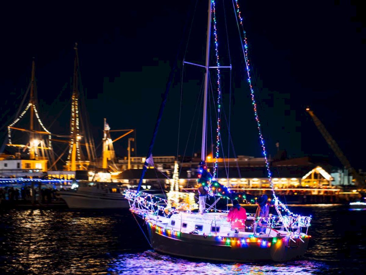 A sailboat adorned with colorful lights floats on the water at night, with other illuminated ships visible in the background.