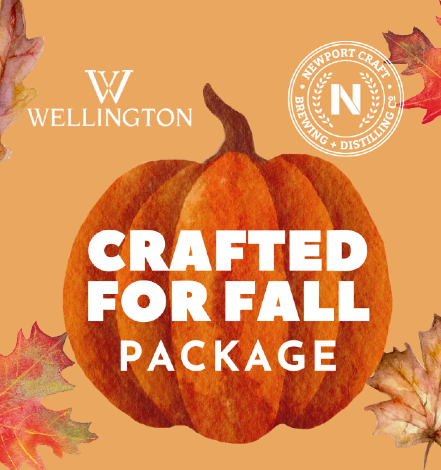 Autumn-themed image with a pumpkin, colorful leaves, and text saying 